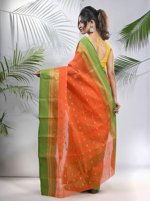 Orange Pure Cotton Taant Saree With Woven Designs Without Blouse 3