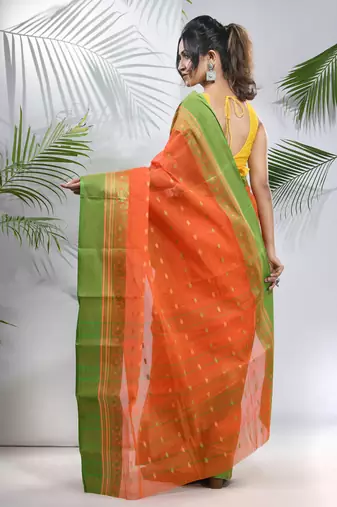 Orange Pure Cotton Taant Saree With Woven Designs Without Blouse