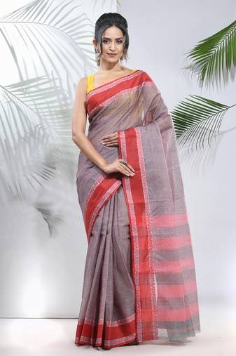 Grey Pure Cotton Taant Saree With Woven Designs Without Blouse