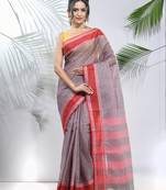 Grey Pure Cotton Taant Saree With Woven Designs Without Blouse