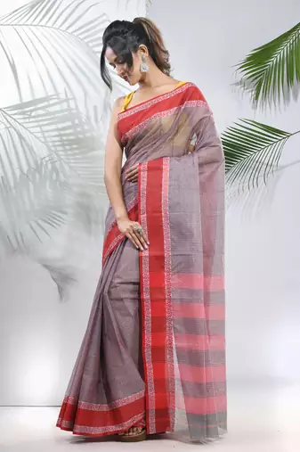Grey Pure Cotton Taant Saree With Woven Designs Without Blouse
