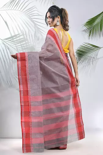 Grey Pure Cotton Taant Saree With Woven Designs Without Blouse
