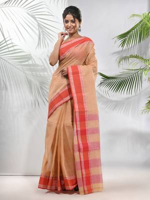 Beige Pure Cotton Taant Saree With Woven Designs Without Blouse 1