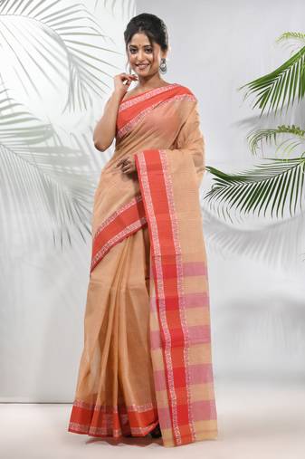 Beige Pure Cotton Taant Saree With Woven Designs Without Blouse