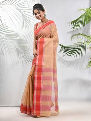 Beige Pure Cotton Taant Saree With Woven Designs Without Blouse 2