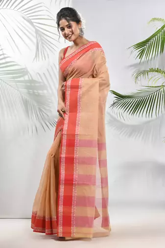 Beige Pure Cotton Taant Saree With Woven Designs Without Blouse