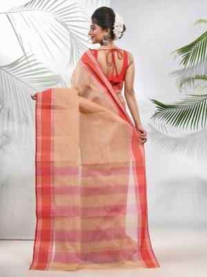 Beige Pure Cotton Taant Saree With Woven Designs Without Blouse 3