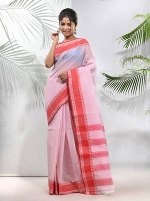 White Pure Cotton Taant Saree With Woven Designs Without Blouse 1