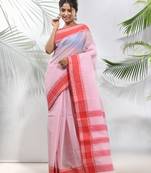 White Pure Cotton Taant Saree With Woven Designs Without Blouse