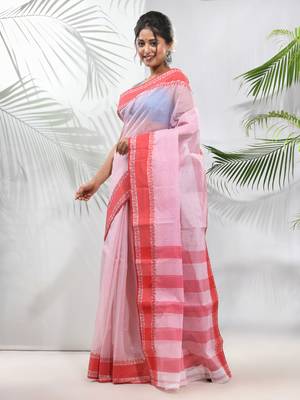 White Pure Cotton Taant Saree With Woven Designs Without Blouse 2