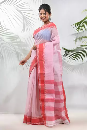 White Pure Cotton Taant Saree With Woven Designs Without Blouse