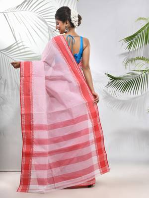 White Pure Cotton Taant Saree With Woven Designs Without Blouse 3