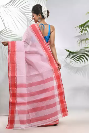 White Pure Cotton Taant Saree With Woven Designs Without Blouse