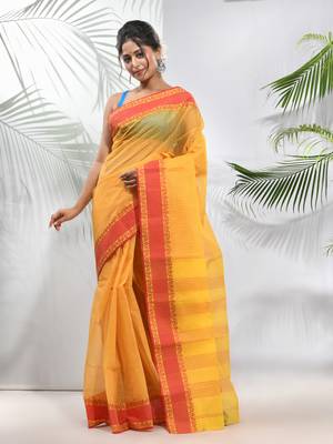 Bright Yellow Pure Cotton Taant Saree With Woven Designs Without Blouse 1