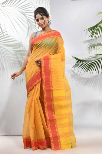 Bright Yellow Pure Cotton Taant Saree With Woven Designs Without Blouse