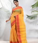 Bright Yellow Pure Cotton Taant Saree With Woven Designs Without Blouse