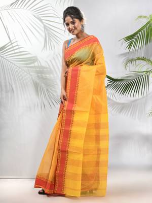 Bright Yellow Pure Cotton Taant Saree With Woven Designs Without Blouse 2