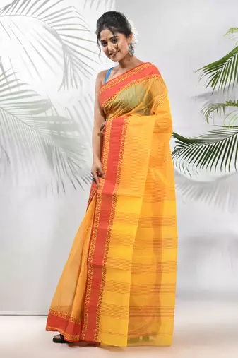 Bright Yellow Pure Cotton Taant Saree With Woven Designs Without Blouse