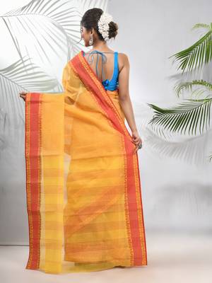 Bright Yellow Pure Cotton Taant Saree With Woven Designs Without Blouse 3