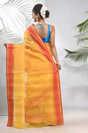 Bright Yellow Pure Cotton Taant Saree With Woven Designs Without Blouse