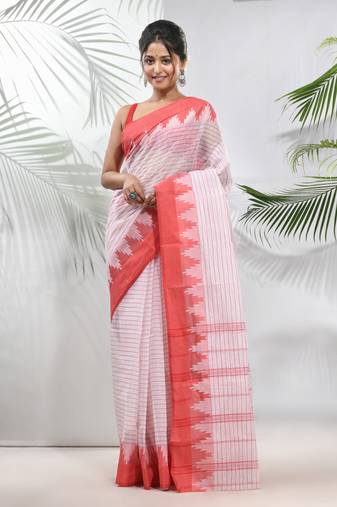 White pure cotton taant saree with temple border