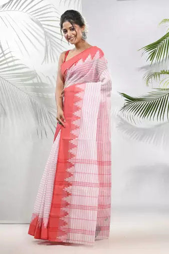 White pure cotton taant saree with temple border
