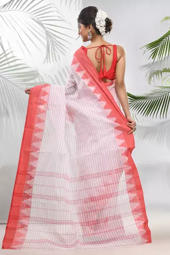 White pure cotton taant saree with temple border