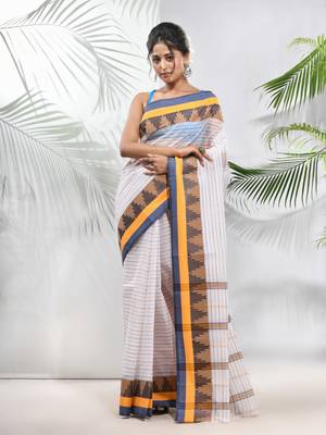 White Pure Cotton Taant Saree With Temple Border Without Blouse 1
