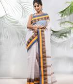 White Pure Cotton Taant Saree With Temple Border Without Blouse