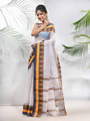 White Pure Cotton Taant Saree With Temple Border Without Blouse 2