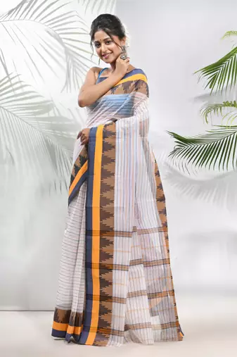 White Pure Cotton Taant Saree With Temple Border Without Blouse