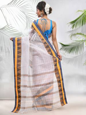 White Pure Cotton Taant Saree With Temple Border Without Blouse 3