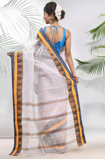 White Pure Cotton Taant Saree With Temple Border Without Blouse