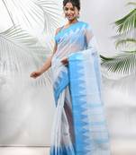 White Pure Cotton Taant Saree With Temple Border Without Blouse