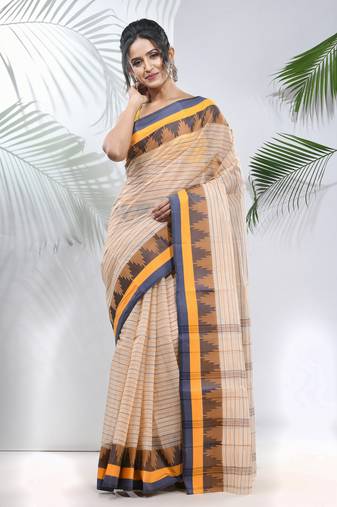 Cream Pure Cotton Taant Saree With Temple Border Without Blouse