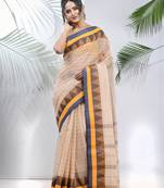 Cream Pure Cotton Taant Saree With Temple Border Without Blouse
