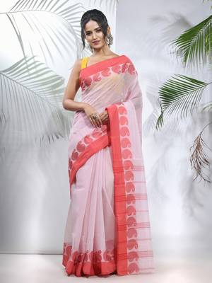 White And Red Pure Cotton Taant Saree With Woven Designs Without Blouse 1