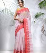 White And Red Pure Cotton Taant Saree With Woven Designs Without Blouse