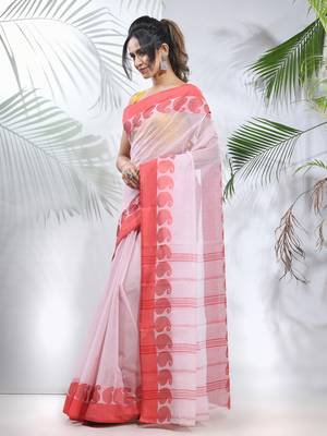 White And Red Pure Cotton Taant Saree With Woven Designs Without Blouse 2