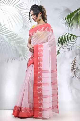 White And Red Pure Cotton Taant Saree With Woven Designs Without Blouse