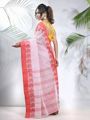 White And Red Pure Cotton Taant Saree With Woven Designs Without Blouse 3