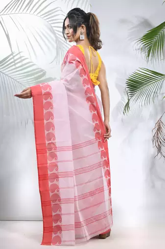 White And Red Pure Cotton Taant Saree With Woven Designs Without Blouse