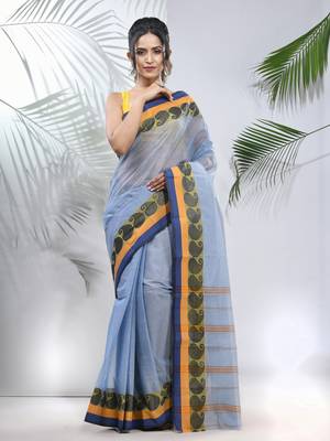 Blue Pure Cotton Taant Saree With Woven Designs Without Blouse 1