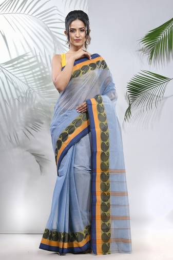 Blue Pure Cotton Taant Saree With Woven Designs Without Blouse