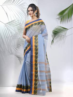 Blue Pure Cotton Taant Saree With Woven Designs Without Blouse 2