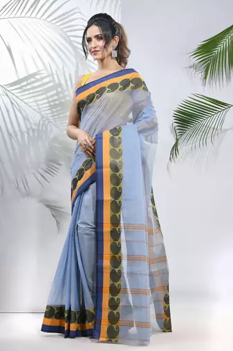 Blue Pure Cotton Taant Saree With Woven Designs Without Blouse