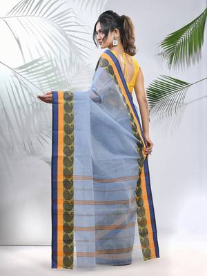 Blue Pure Cotton Taant Saree With Woven Designs Without Blouse 3