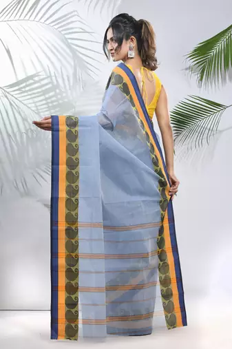 Blue Pure Cotton Taant Saree With Woven Designs Without Blouse