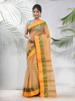 Beige Pure Cotton Taant Saree With Woven Designs Without Blouse 1