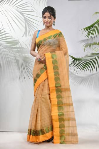 Beige Pure Cotton Taant Saree With Woven Designs Without Blouse